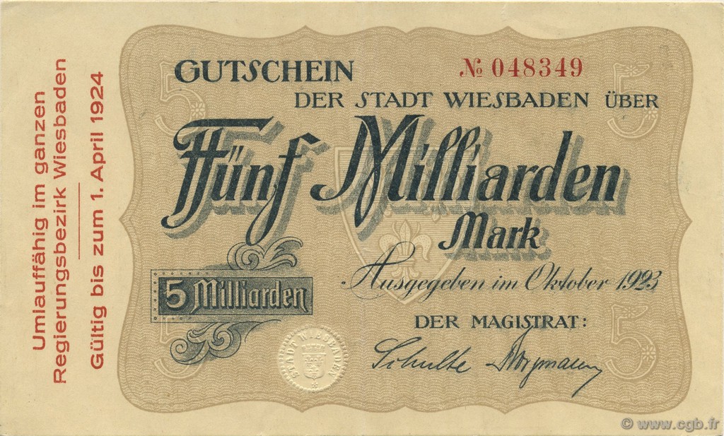 5 Milliards Mark GERMANY Wiesbaden 1923  XF+