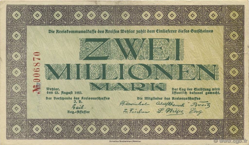 2 Millions Mark GERMANY Wetzlar 1923  XF