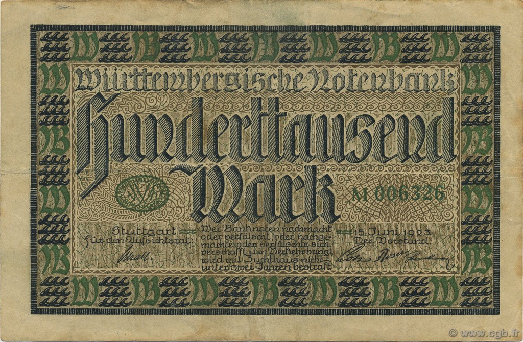 100000 Mark DEUTSCHLAND Stuttgart 1923 PS.0985 SS