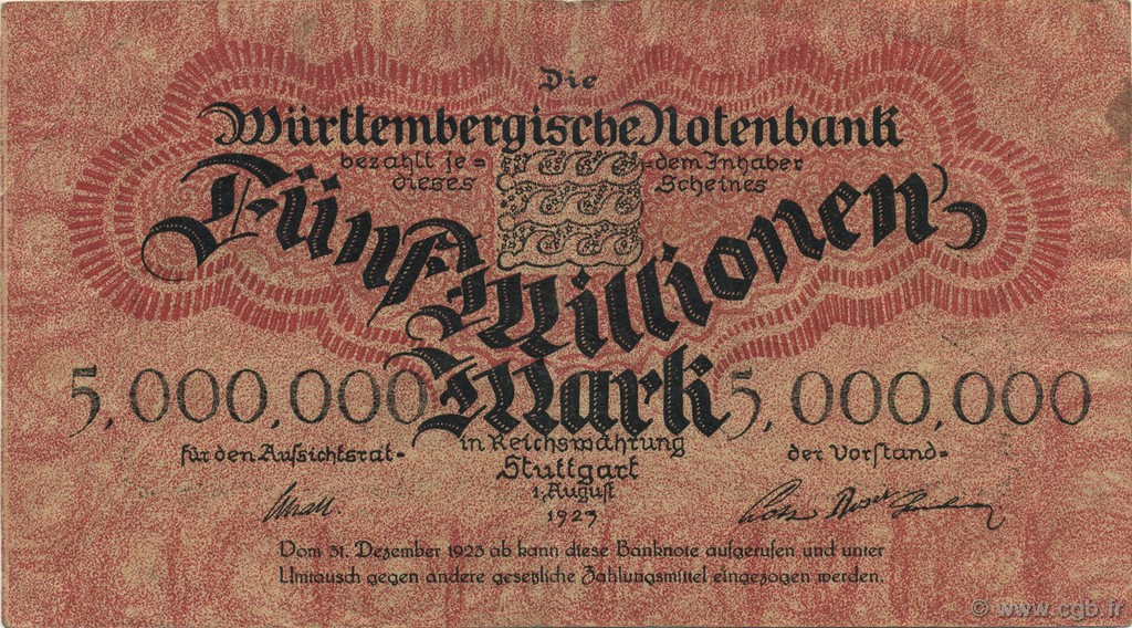 5 Millions Mark GERMANY Stuttgart 1923 PS.0988 VF