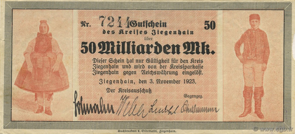 50 Milliards Mark GERMANY Ziegenhain 1918  VF+