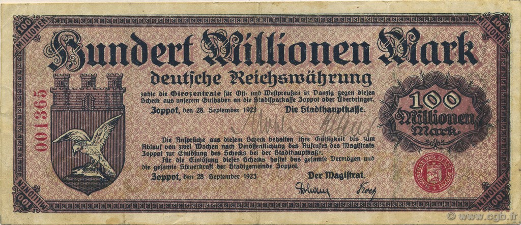 100 Million Mark DEUTSCHLAND Zoppot 1923  fVZ