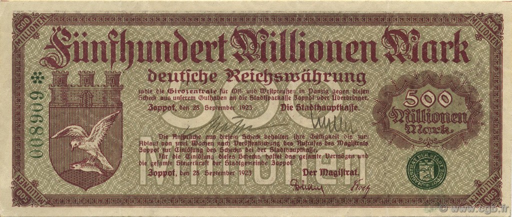 500 Million Mark GERMANY Zoppot 1923  VF+