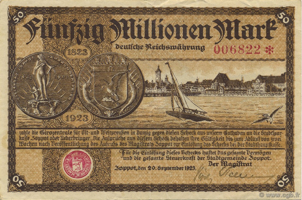 50 Million Mark GERMANY Zoppot 1923  XF