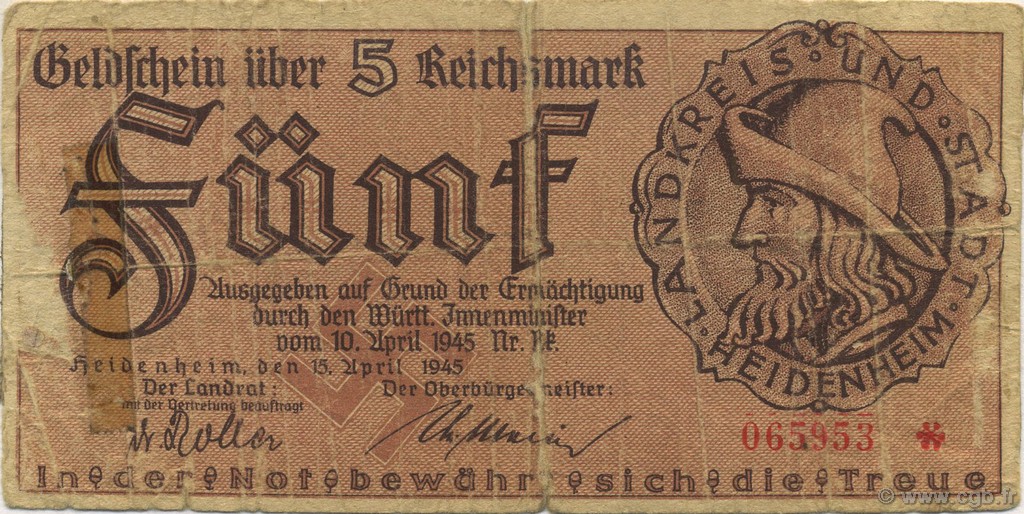 5 Reichsmark ALEMANIA Heidenheim 1945  BC