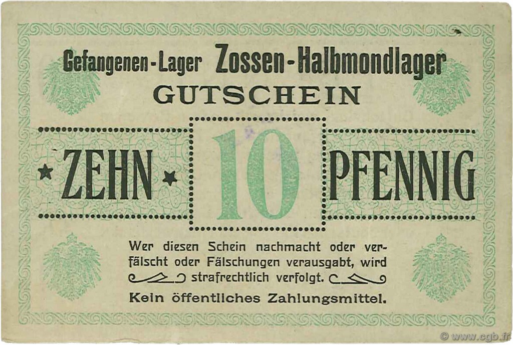 10 Pfennig GERMANIA Zossen-Halbmondlager 1916  SPL