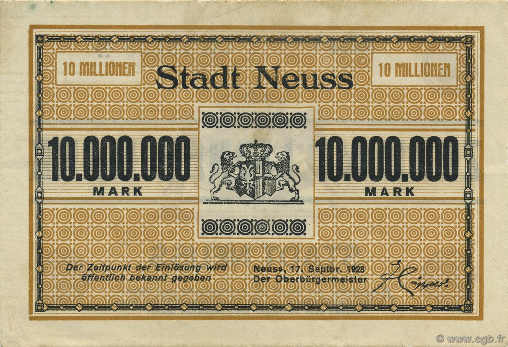 10 Millions Mark ALEMANIA Neuss 1923  MBC