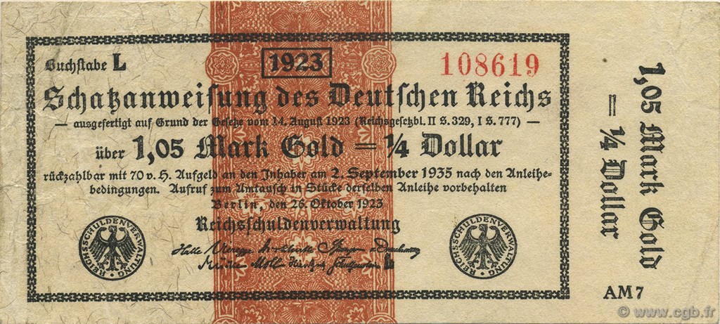 1,05 Mark Gold GERMANY Berlin 1923 Mul.? VF