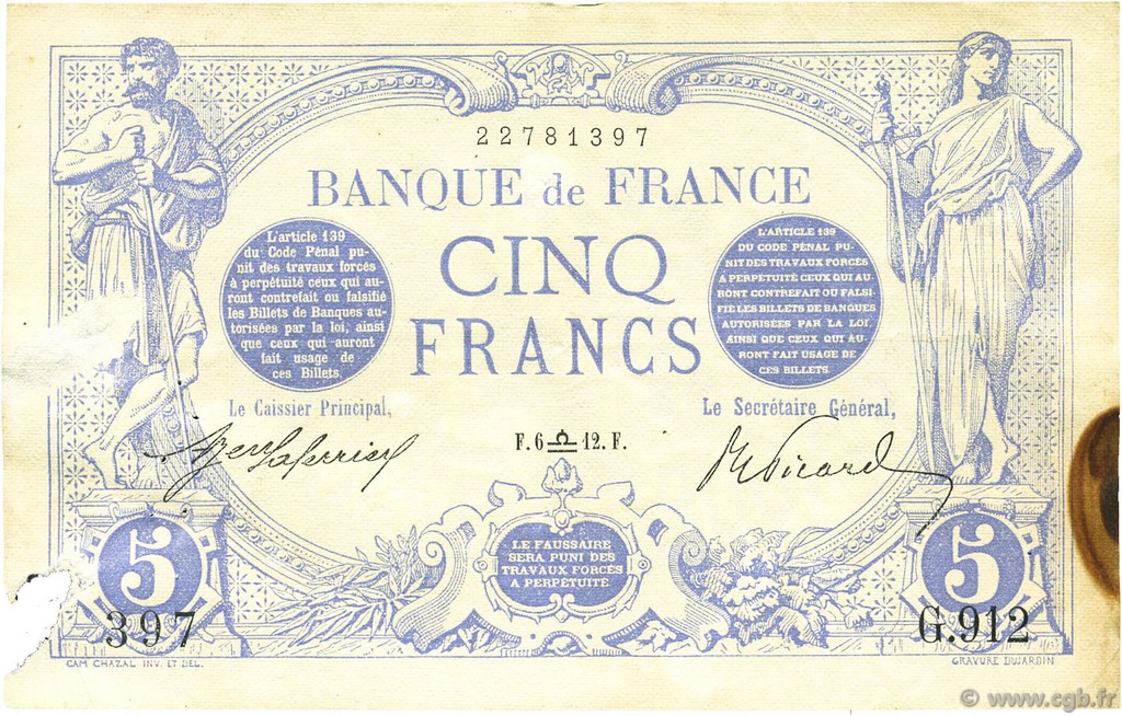 5 Francs BLEU FRANKREICH  1912 F.02.09 SS