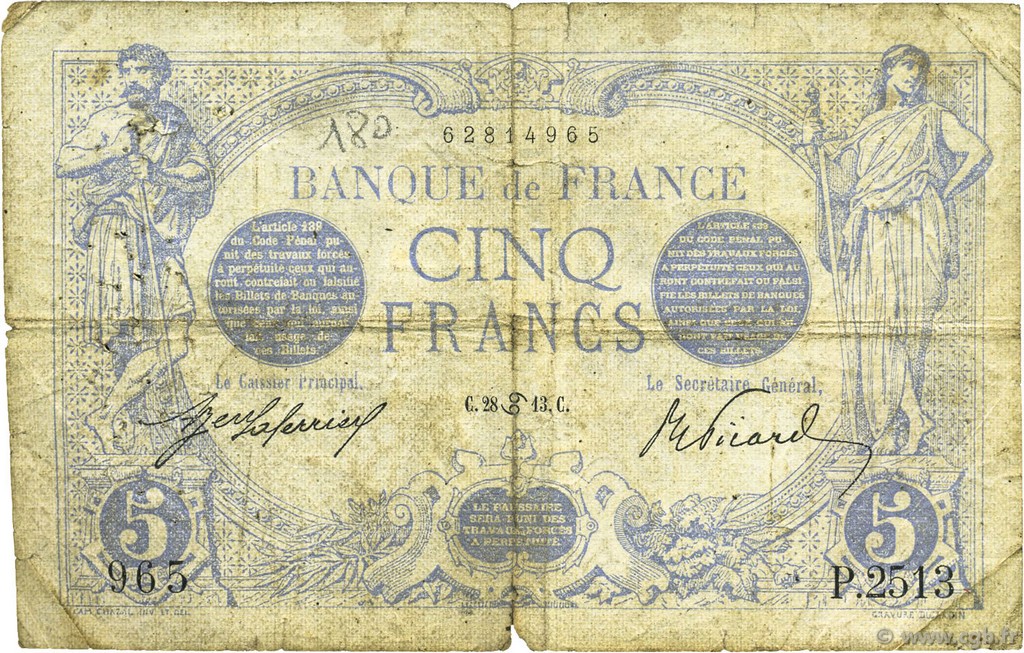 5 Francs BLEU FRANCIA  1913 F.02.18 RC
