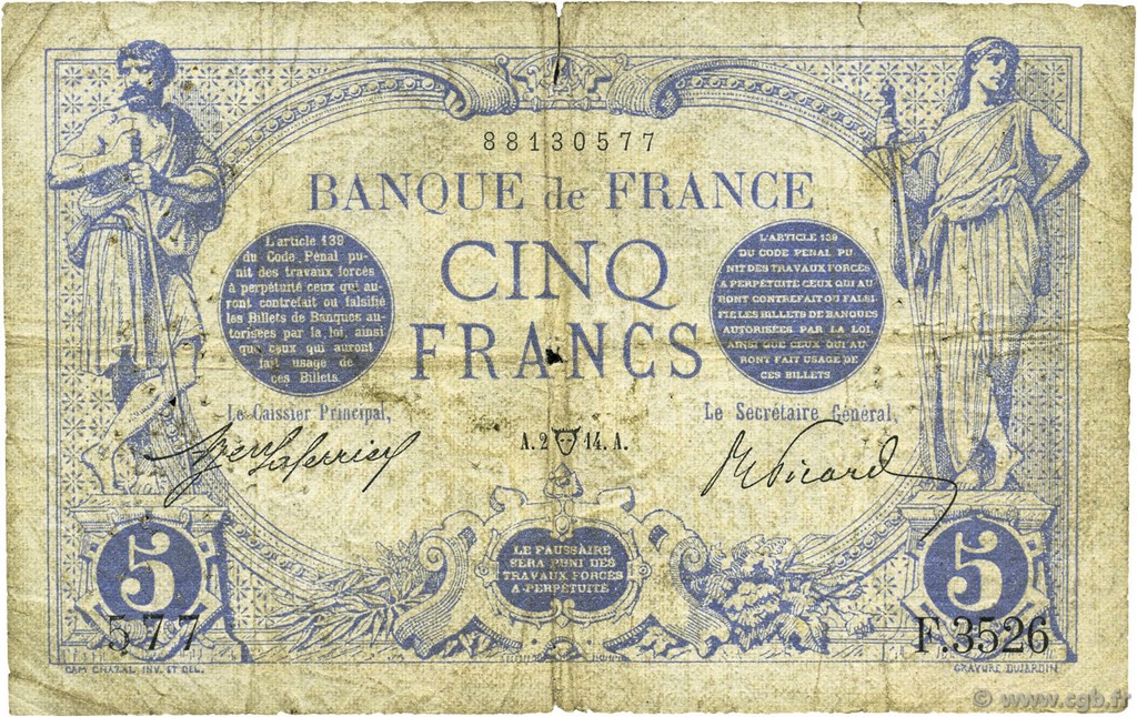 5 Francs BLEU FRANKREICH  1914 F.02.22 SGE