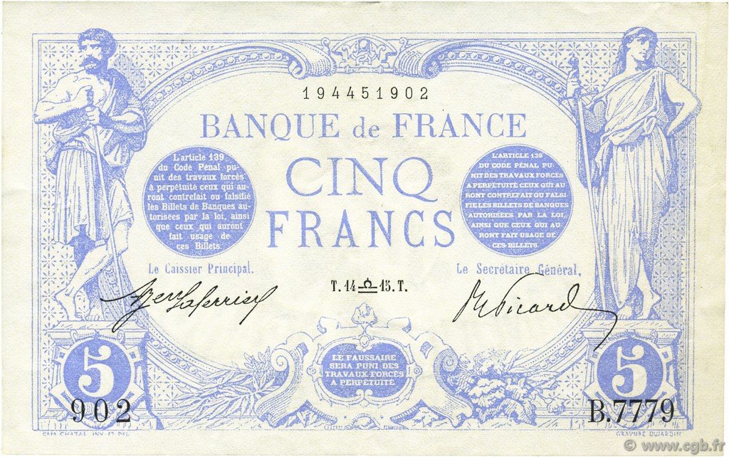 5 Francs BLEU FRANCIA  1915 F.02.31 q.SPL