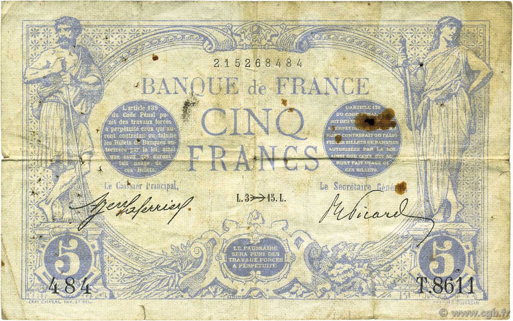 5 Francs BLEU FRANKREICH  1915 F.02.33 fS