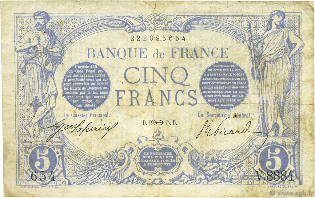 5 Francs BLEU FRANCIA  1915 F.02.33 BC