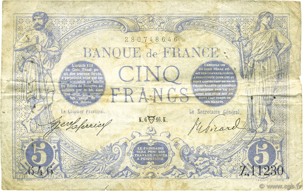 5 Francs BLEU FRANKREICH  1916 F.02.38 fSS