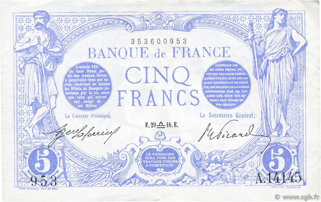 5 Francs BLEU FRANCIA  1916 F.02.43 q.AU