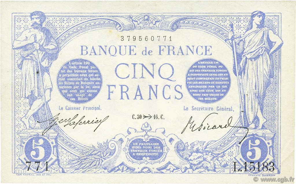 5 Francs BLEU FRANKREICH  1916 F.02.45 fST