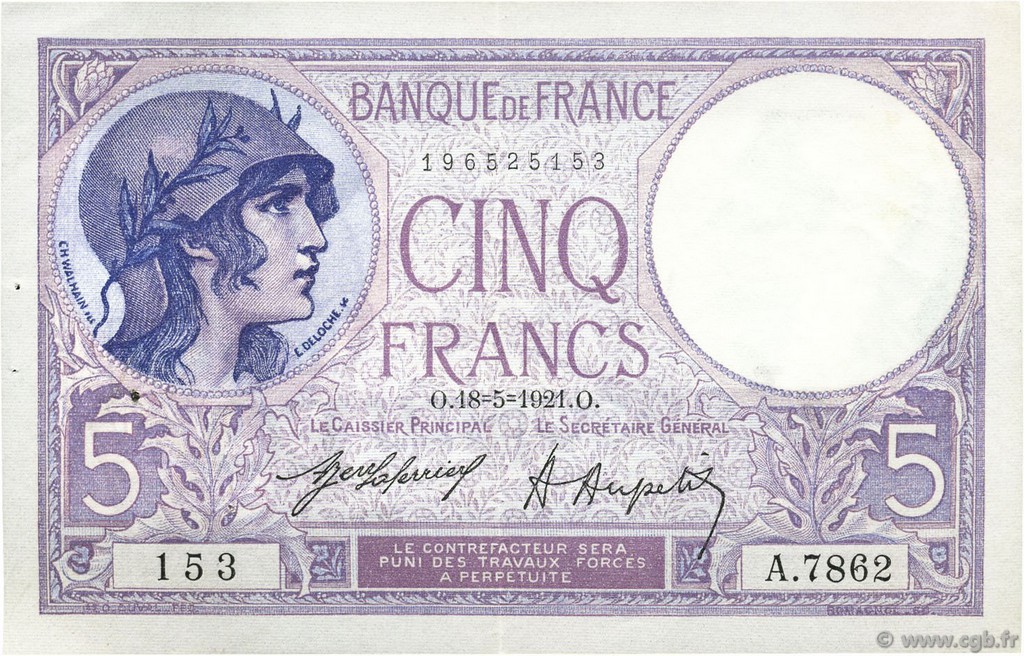 5 Francs FEMME CASQUÉE FRANCE  1921 F.03.05 VF+