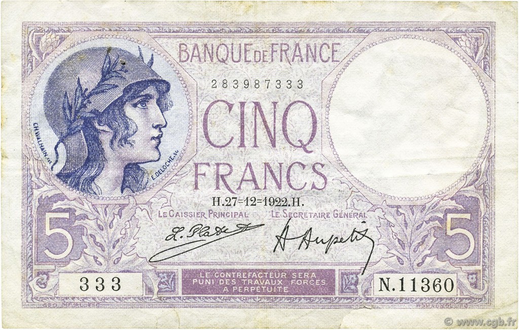 5 Francs FEMME CASQUÉE FRANCIA  1922 F.03.06 MBC