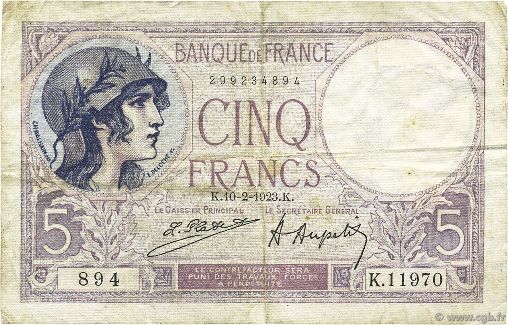 5 Francs FEMME CASQUÉE FRANCIA  1923 F.03.07 BC+