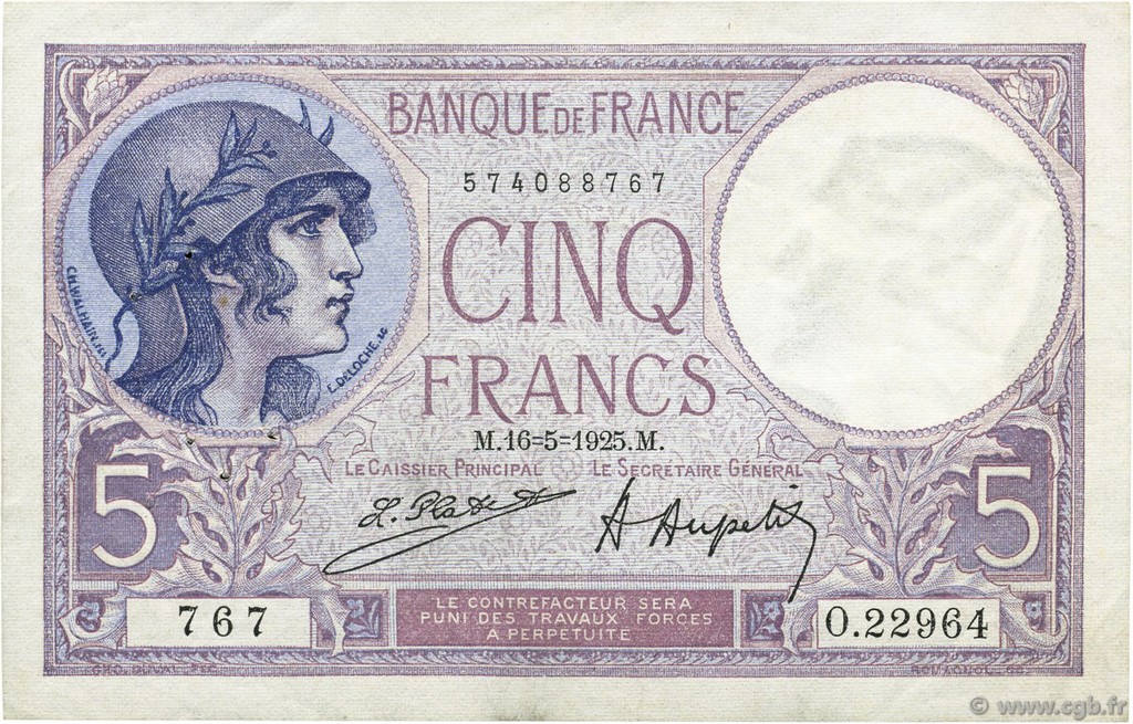 5 Francs FEMME CASQUÉE FRANCE  1925 F.03.09 XF-