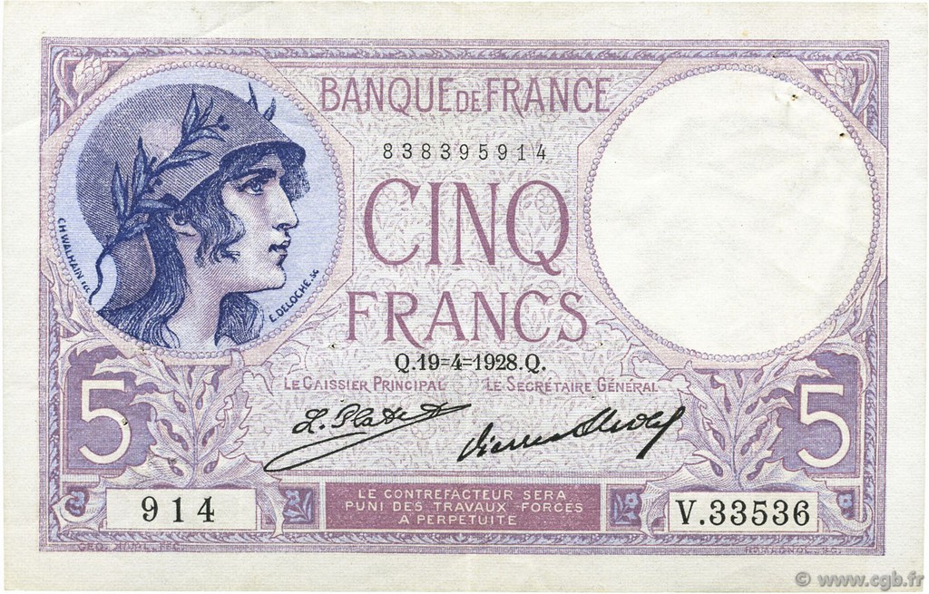 5 Francs FEMME CASQUÉE FRANCE  1928 F.03.12 VF+
