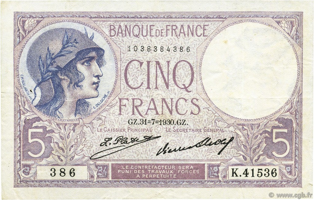 5 Francs FEMME CASQUÉE FRANCE  1930 F.03.14 VF