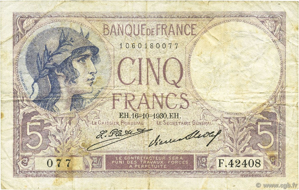5 Francs FEMME CASQUÉE FRANKREICH  1930 F.03.14 S
