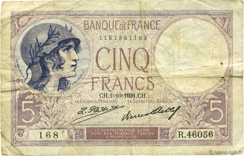 5 Francs FEMME CASQUÉE FRANCE  1931 F.03.15 F