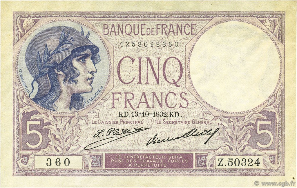 5 Francs FEMME CASQUÉE FRANCIA  1932 F.03.16 EBC