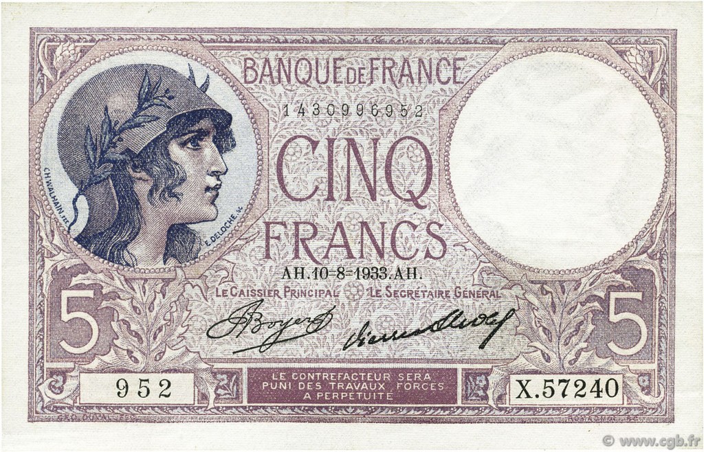 5 Francs FEMME CASQUÉE FRANCIA  1933 F.03.17 SPL+