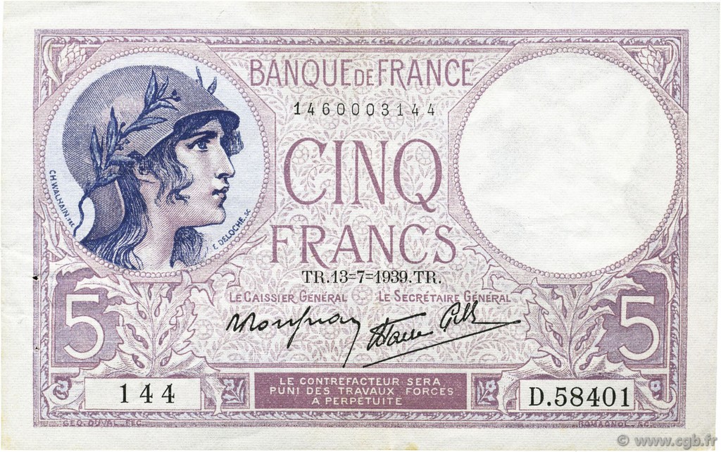 5 Francs FEMME CASQUÉE modifié FRANCIA  1939 F.04.01 SPL