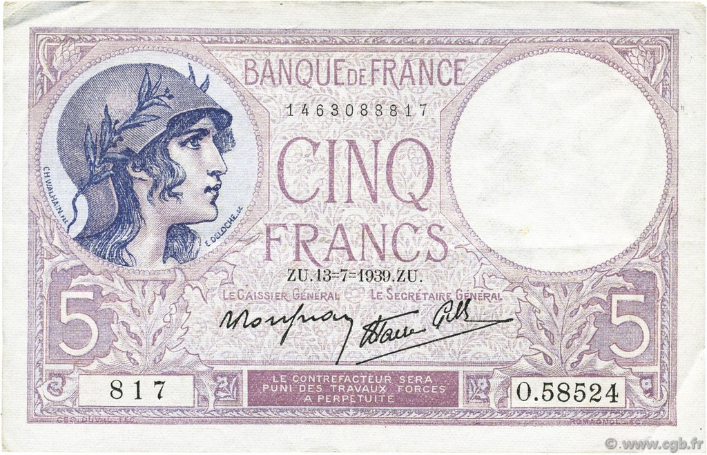 5 Francs FEMME CASQUÉE modifié FRANCIA  1939 F.04.01 q.SPL
