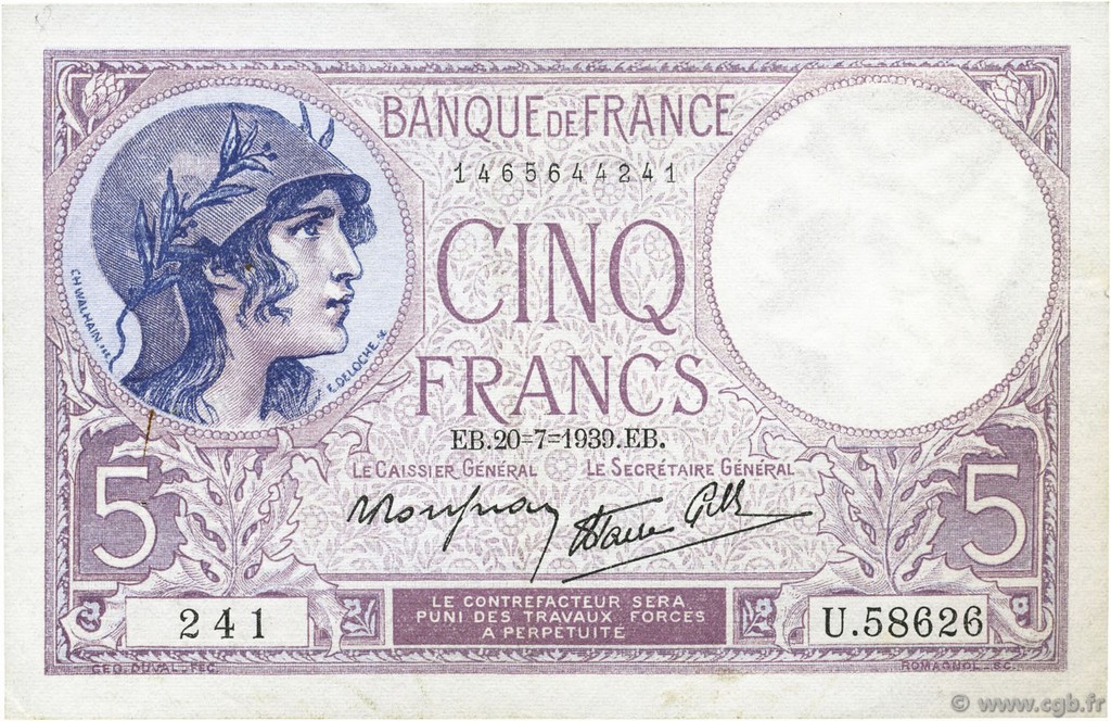 5 Francs FEMME CASQUÉE modifié FRANCIA  1939 F.04.02 SPL