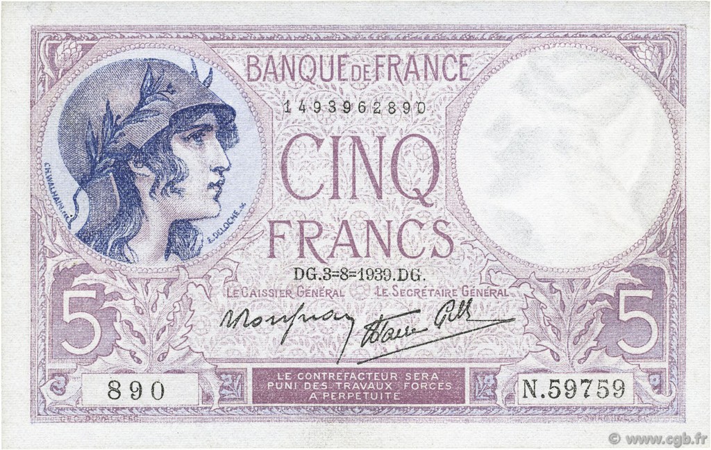 5 Francs FEMME CASQUÉE modifié FRANCE  1939 F.04.04 SPL