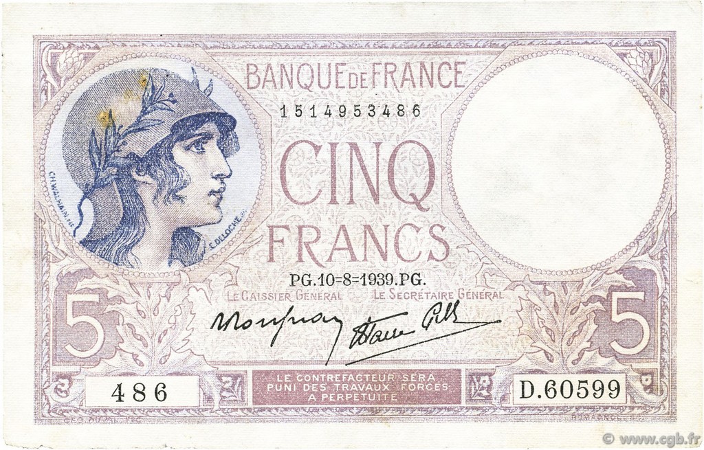 5 Francs FEMME CASQUÉE modifié FRANCE  1939 F.04.05 VF-
