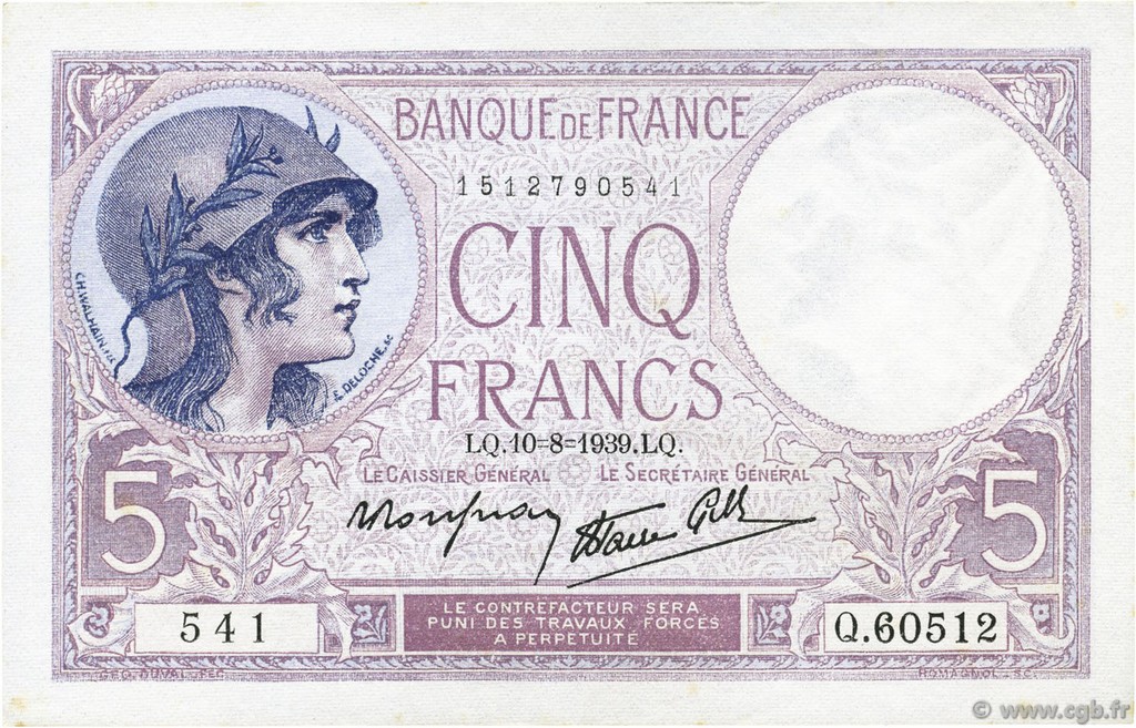 5 Francs FEMME CASQUÉE modifié FRANKREICH  1939 F.04.05 fST