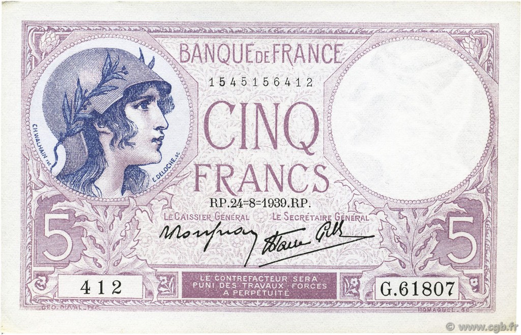 5 Francs FEMME CASQUÉE modifié FRANCIA  1939 F.04.07 AU