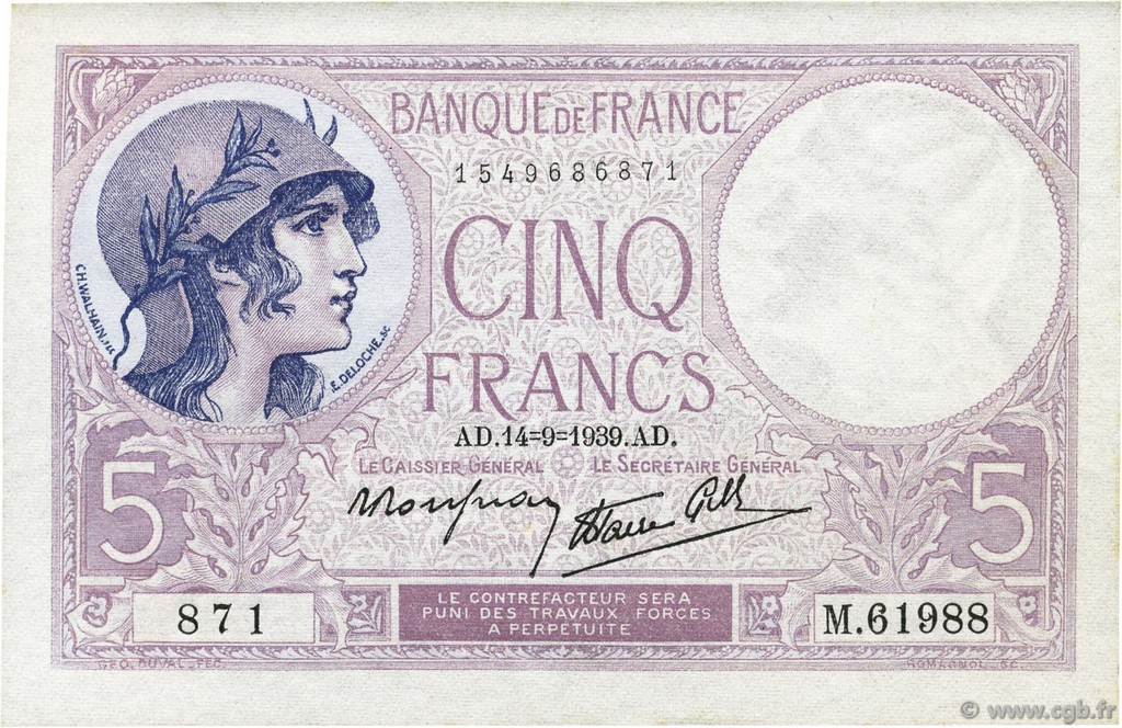 5 Francs FEMME CASQUÉE modifié FRANCIA  1939 F.04.08 AU