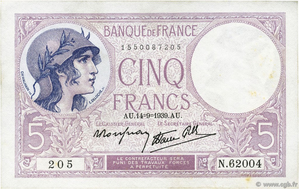 5 Francs FEMME CASQUÉE modifié FRANCIA  1939 F.04.08 SC