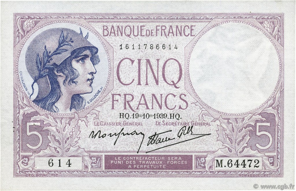 5 Francs FEMME CASQUÉE modifié FRANCE  1939 F.04.12 XF