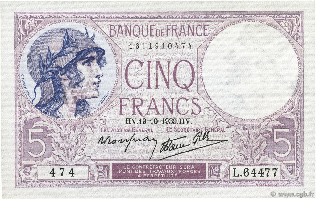 5 Francs FEMME CASQUÉE modifié FRANCE  1939 F.04.12 AU-