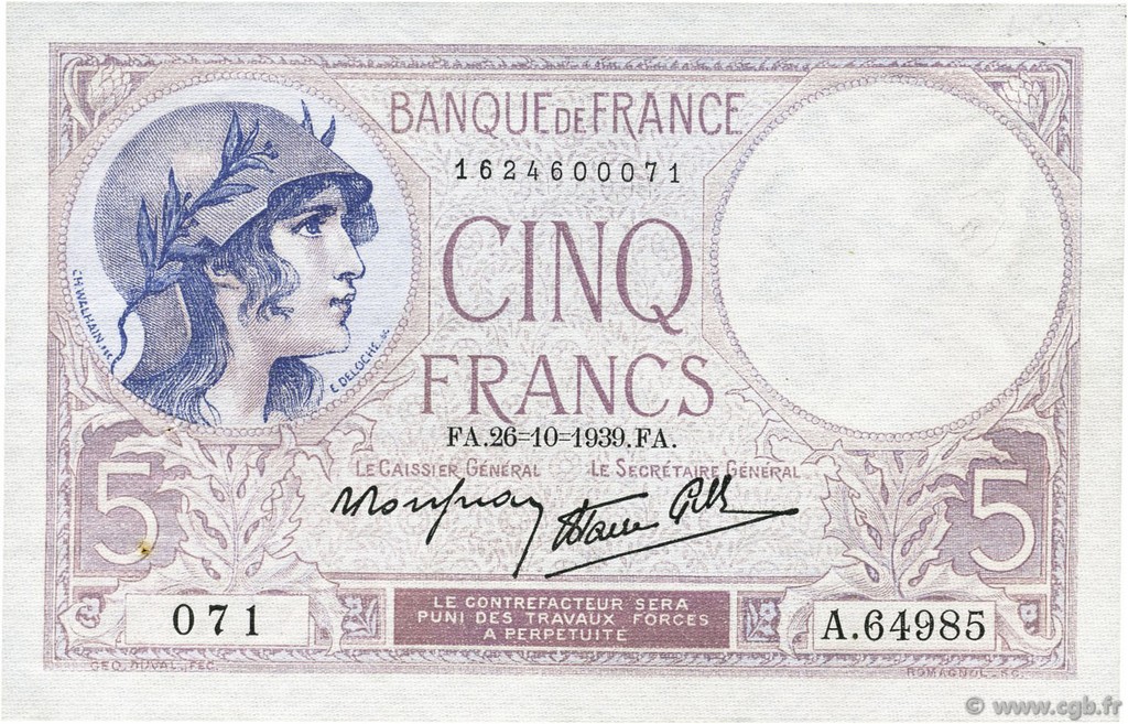 5 Francs FEMME CASQUÉE modifié FRANCE  1939 F.04.13 SUP+