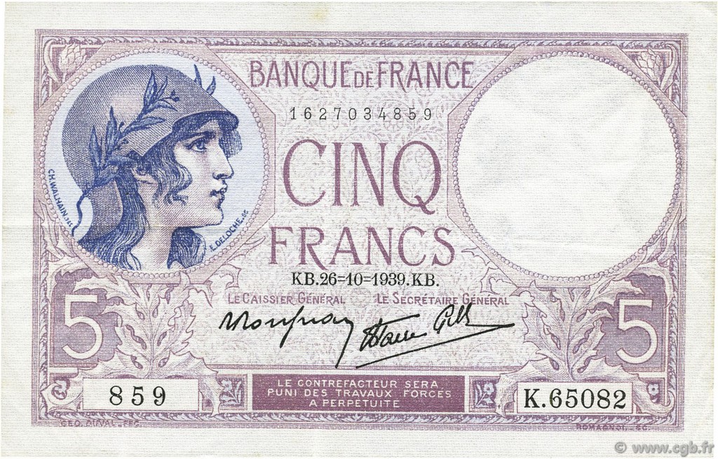 5 Francs FEMME CASQUÉE modifié FRANCE  1939 F.04.13 SUP
