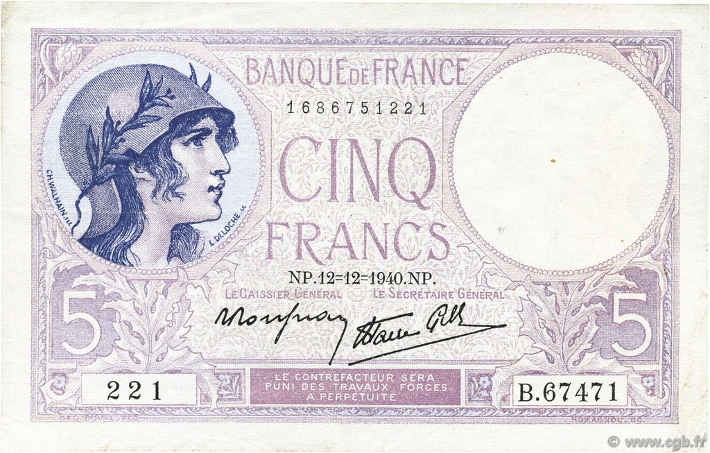 5 Francs FEMME CASQUÉE modifié FRANKREICH  1940 F.04.17 SS