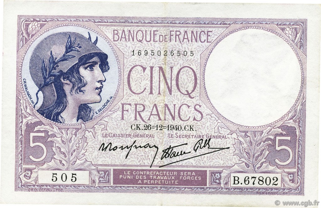 5 Francs FEMME CASQUÉE modifié FRANCE  1940 F.04.18 SUP+