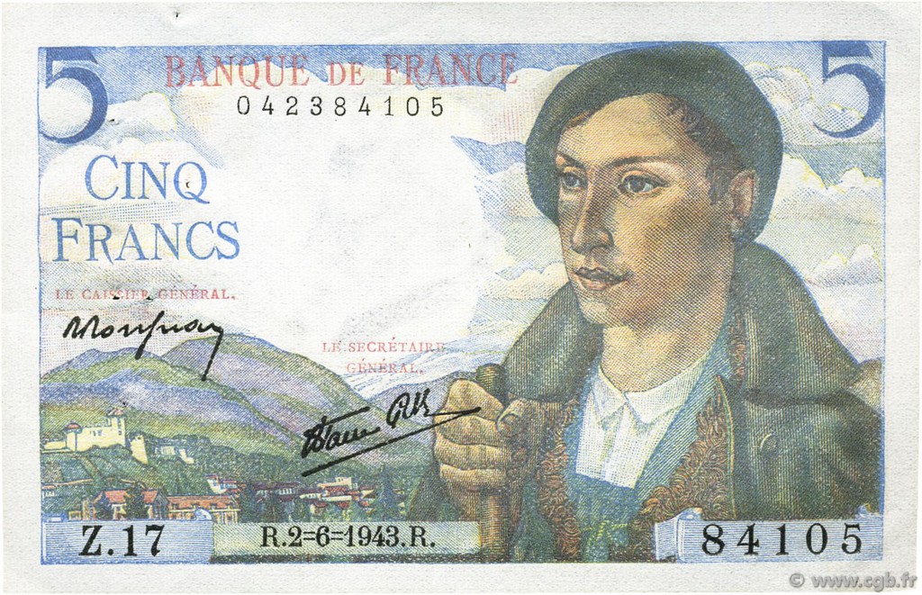 5 Francs BERGER FRANKREICH  1943 F.05.01 VZ