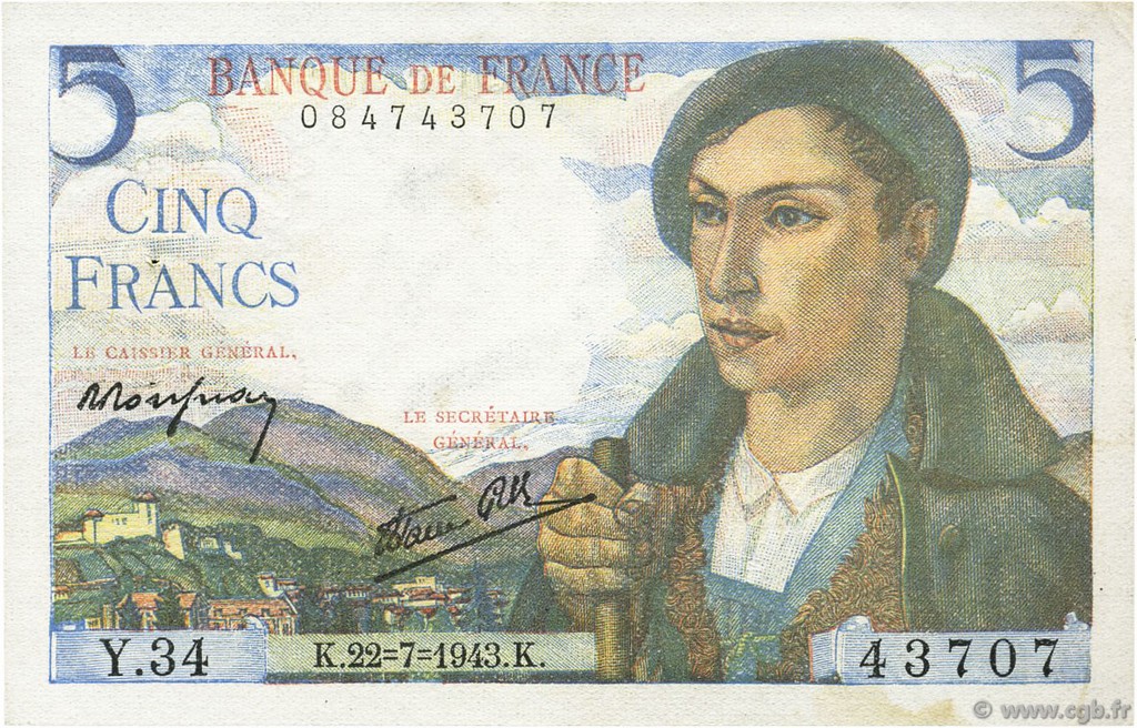 5 Francs BERGER FRANCE  1943 F.05.02 VF+