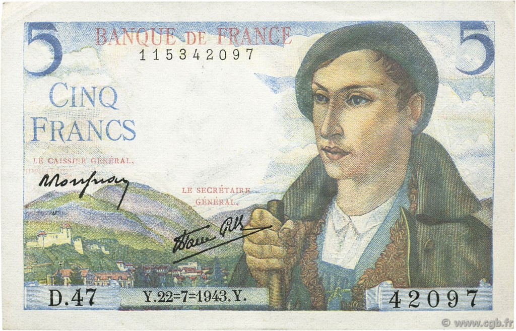 5 Francs BERGER FRANCE  1943 F.05.02 XF+