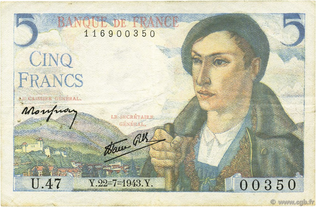 5 Francs BERGER FRANCE  1943 F.05.02 VF